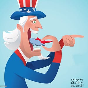 vector illustration of uncle sam eating hamburger and pointing